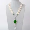 Pendant Necklaces 19'' 3 Strands Cultured White Pearl Green Crystal Keshi Necklace