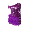 Casual jurken vrouwen sexy een schouder lange mouwen luxe glitter paarse pailletten cocktail party prom veer ontwerp mini vestidos