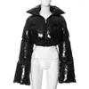 Trenchs de femmes Manteaux d'hiver Femmes Shinny PU Cuir Puffer Vestes Chaud Mignon Bulle Vêtements d'extérieur Lumineux Parka Down Zipper Recadrée