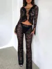 Women's Two Piece Pants Lace Mesh Jumpsuit Women Long Sleeve Bandage Crop Top With Elastic Waist Sexy Rave Festival Nightclub Outfit