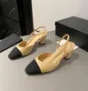 Ultimi sandali da donna Tacco basso Tacco spesso 6 cm Forma della scarpa Testa tonda Cinturino posteriore Fibbia Tomaia Pelle di pecora Pannello in tessuto Suola in pelle Taglia 35-41 scatola