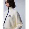 Puntos para mujer Toyouth Mujeres Suéter Chaqueta 2023 Otoño Manga larga Cuello alto Cremallera suelta Punto Cardigan Vintage Único Casual Blanco Tops