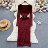 Casual Dresses Women's Fashion Elegant Solid Square Long Sleeve Body Dress Sexig stickad Elastic Ultra Thin Split Hip Wrap