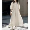 Casual Dresses ENjoyce 2023 Summer Women Vintage Green Shirt Korean Fashion Ladies Loose Straight Long Skirts Bubble Sleeve Maxi Dress