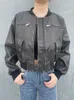 Vestes Femme RR2495 Streetwear effet usé vestes en cuir PU femmes courtes recadrée Bomber vestes femmes noir Faux cuir manteaux femmes J231012