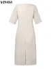 Robes décontractées 2023 Été Élégant VONDA Femmes Chemise Robe Mode Couleur Unie Robe Sexy Col En V Fermeture À Glissière Plissée Midi Robe