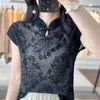 Women's T Shirts Chinese Style Buckle Cheongsam Collar Openwork Jacquard Thin Wool Sweater T-Shirt Female 2023 Summer Short Sleeves