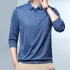 Herr t-skjortor män faller vårskjorta formell affärsstil satin långärmad lapel pullover toppknapp nacke patch pocket office t-shirt