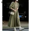 Casual Dresses ENjoyce 2023 Summer Women Vintage Green Shirt Korean Fashion Ladies Loose Straight Long Skirts Bubble Sleeve Maxi Dress