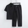 Survêtements pour hommes Arrivée Coton et Lin T-shirt à manches courtes Short Pantalon Ensemble Chemise solide Pantalon Costumes pour la maison Taille masculine S-3XL