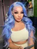 Brasiliansk ljusblå färgad kroppsvåg spetsar främre mänskliga hår peruk rakt förhandsgravad HD transparent syntetiska spets frontala peruker för kvinnor