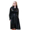 Casual Dresses Elegant Sexy Shiny Metallic Hooded Cape Dress With Belt Long Sleeve Loose A-line Midi Punk High Street Fashion Clubwear