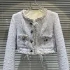 Kvinnorjackor PREPOMP 2023 Autumn Arrival High Quality Rhinestone Buttons Feathers Sequins Tweed Light Blue Short Jacket Women GL532