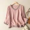 Damesblouses Zevenpuntsmouwen Geborduurd katoen-linnen blouse Retro Literatuur V-hals Losvallend groot formaat Zomer Casual overhemd