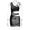 Casual jurken collectie High Street Club Fashion Mesh stof Sling Side uitgehold mouwloos Bodycon dunne doorzichtige mini-vestidos