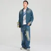 Lässige, lockere Herren-Jeans-Sets, übergroße Jeansjacke mit Farbverlauf und Reißverschluss und gerade Röhrenhose, Herbst-Hip-Hop-Trend, 2-teilig, Streetwear, M-5XL