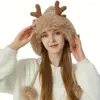 Berets Elk Plush Ear Flap Chapéu Cor Sólida Pele Falso Beanie de Natal com Orelhas Grosso Coldproof Warmer Muffs Chapéus para Mulheres