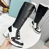 2023-Gebürstetes Leder Re-Nylon Stiefel Designer Stiefel Frauen Luxus Kalbsleder Mode Top-Qualität High Heel Schnürung Winter Motorrad Knie