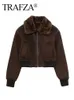 Fourrure Femme Fausse Fourrure TRAFZA femmes marron fausse fourrure manteau à manches longues manteaux courts femme hiver polaire recadrée veste Y2K Zip Up peluche Bomber veste 231011