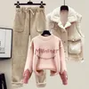 Women's Two Piece Pants Winter Cashmere Vest Coat Embroidery Knitted Sweater Casual Trousers Three Elegant Set Outfit 231011