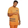 Heren Trainingspakken Afrikaanse Traditinal Outfit Patchwork Tops Met Effen Broek Oranje Korte Mouwen Heren Sets Op maat Nigeriaanse Bruidegom Pak