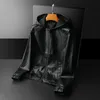 Couro masculino falso minglu com capuz preto jaquetas de luxo cor sólida zíper casual masculino casacos lavável homem outerwear 5xl 231012