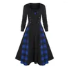 Casual Dresses O-neck Long Sleeve Midi Dress Women Elegant Plaid Print Double Breasted A-line Night Party Skater