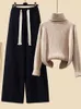 Kvinnors tvådelade byxor Autumn Winter Warm Knitwear Set for Women Outfits Ladies Elegant Turtleneck Sweaterlong Cardigan Jacketwide Leg Pant Set 2023 231011