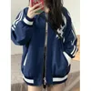 Vestes Femmes Deeptown Vintage Blue Bomber Veste Femmes Coréenne Mode Streetwear Piste Baseball Vestes Zipper College Varsity Surdimensionné 231011