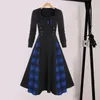 Casual Dresses O-neck Long Sleeve Midi Dress Women Elegant Plaid Print Double Breasted A-line Night Party Skater