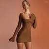 Casual Dresses Langarm, figurbetontes Kleid Halter Boning Korsett Frauen Sexy Mesh Abend Nachtclub Party Slim Mini