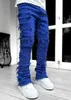 Jeans Skinny Fringe Hip-Hop Edge Elastic Patch Punk Rock Long Tight Fit Stapled Denim Pants Blue Pink 830