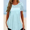 Women's Blouses 2023 Summer Short Sleeve Blouse With Lace Casual Loose Clothes Round Collar Shirt Solid Color Tops Women Blusa Mujer 28322