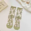 Women Socks Ultra-Thin Transparent Crystal Silk Fashion Summer Crew Retro Flower Streetwear Elastic Short Female Sox