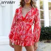 Casual Dresses Women Spring V Neck Chiffon Print Dress Self-Tie Knot Front Ruffles Leopard Female Sexy Short A Line Party Vestidos 2023