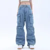 Damskie dżinsy kieszeń solidny kolor dżinsy damskie Y2K Street retro luźne szerokie nogi para swobodnego jokera dżinsów Pants Women 231011