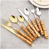 Servisuppsättningar servis uppsättningar 24st Creative Knife Fork Teskoon Flatware Set Bamboo Handle Cutlery rostfritt stål Kök bordsskivor dhuf8