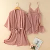 Vêtements de nuit pour femmes Sexy Rayon Peignoir Femmes Dentelle Satin Nightwear 2PCS Kimono Robe Ensemble Patchwork Home Vêtements Lingerie Intime