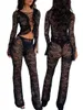 Women's Two Piece Pants Lace Mesh Jumpsuit Women Long Sleeve Bandage Crop Top With Elastic Waist Sexy Rave Festival Nightclub Outfit