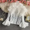 Women's Blouses Court Style Layered Ruffled Organza Shirt Spring Autumn Sweet Flare Sleeve Pearl Button Through Tops Black White