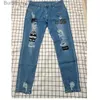 Herr jeans vita broderier jeans män bomull stretchig rippade magra jeans högkvalitativa hiphop svart hål smal passform överdimensionerad denim pantl231011