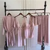 Mulheres sleepwear rendas pijamas conjunto mulheres cetim roupão de noite 5pcs quimono vestido cinta camisola terno sexy pijamas loungewear