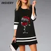 Urban Sexy Dresses Christmas for Women Fashion O Neck Wine Print 34 Sleeve Loose Party Dres Casual Mini Dress 231011