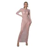 Casual Dresses 2023 Luxury Designer Young Sexy Club See Through Lace Diamonds Beach Full Sleeve Style Women Long Pencil Skinny Dress