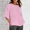 Blusas femininas elegantes camisas de gola redonda solta moda feminina blusa 2023 casual camisa branca 3/4 manga topos plus size roupas de linho