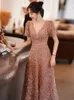 Elegant Long Evening Dresses V Neck Glitter Sequined with Short Sleeves A Line Tea Length Party Gowns for Women