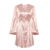 Casual Dresses 2023 Elegant Women Button A-Line Mini Dres Spring Satin Pink Long Sleeve Dresss Loose V-Neck Party Dress Vestido