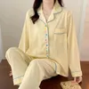女性用スリープウェア大型サイズルーズパジャマ刺繍黄色の格子春と秋の長袖のズボン家庭服