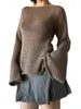 Kvinnors tröjor Y2K TIE BACK SWEATERS Kvinnor Långärmad båthals Solid Color Sticked Pullover Casual Crochet Tops Fall 231011