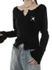 Женская футболка, готический черный укороченный топ, женская корейская модная футболка в стиле гранж, женская осенняя винтажная футболка Harajuku с длинным рукавом Y2K, эстетические футболки 231011